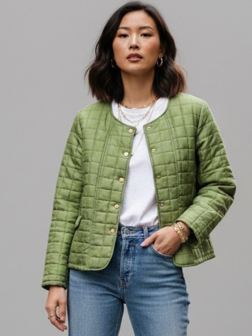 Vintage Green Silk Quilted Cropped Light Jacket - Medium, 100% Silk!